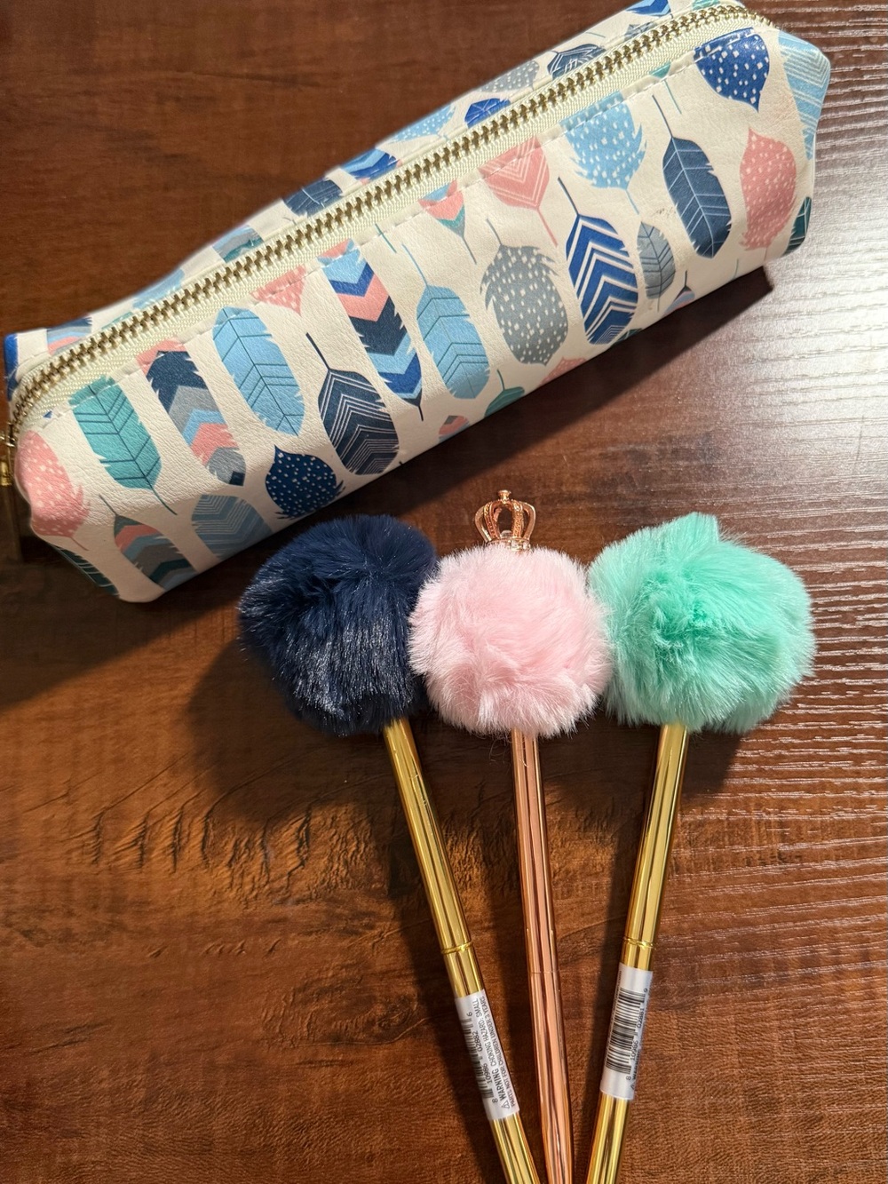 Fuzzy Pom-Pom Pen Set with Carpe Diem Feathers Pen/Pencil Pouch